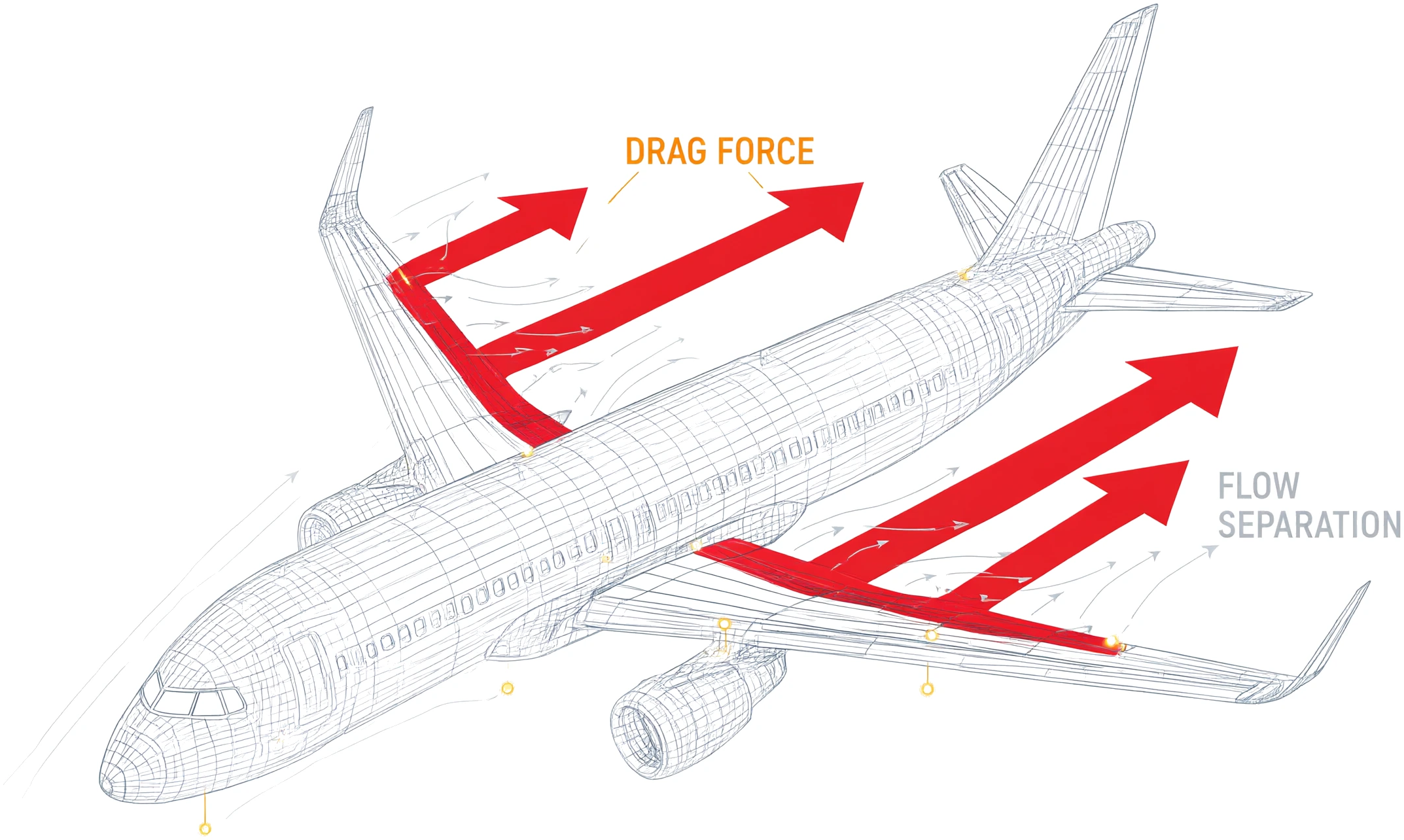 Wireframe 3D jet diagram with drag force and flow separation arrows